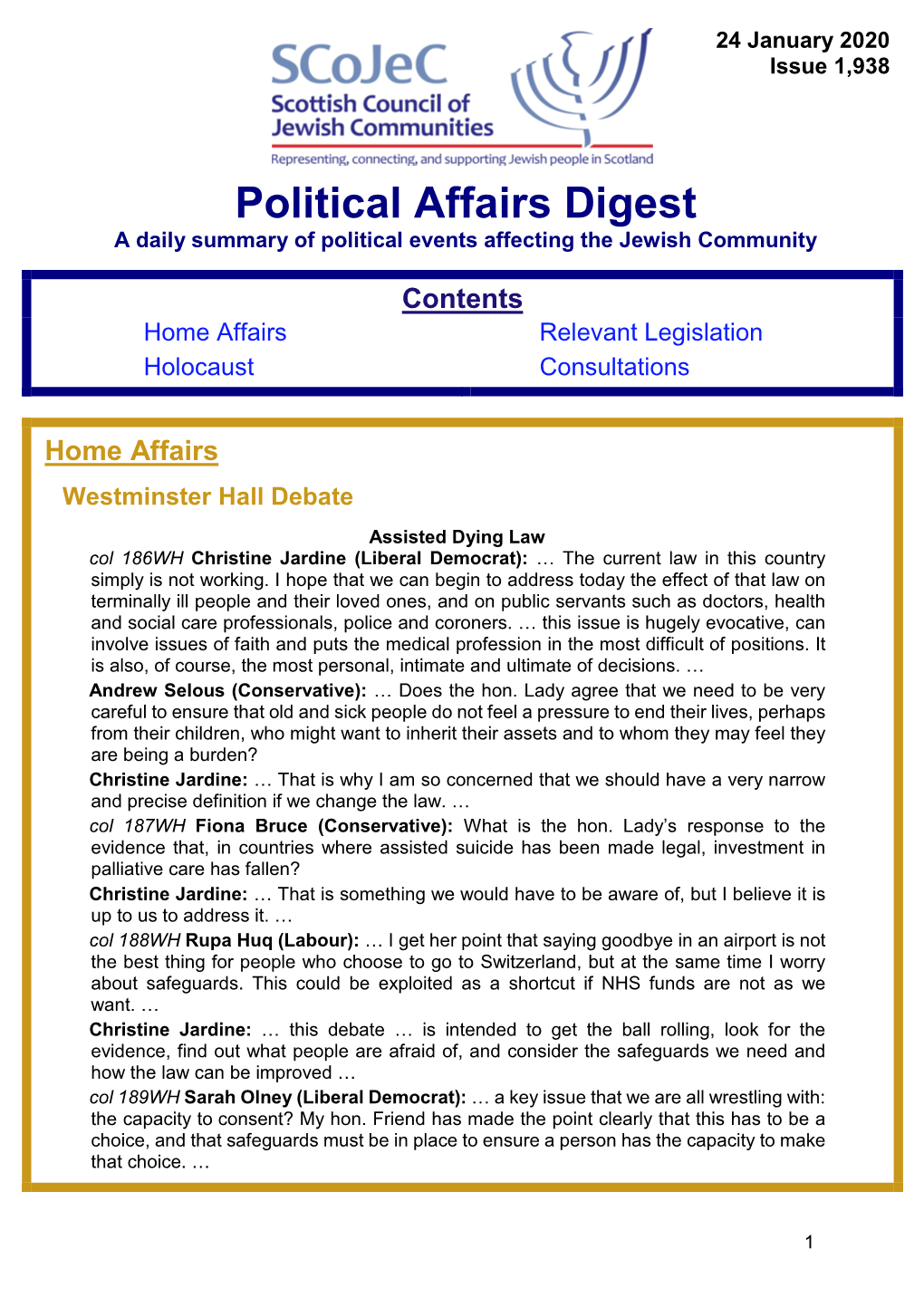 Political Affairs Digest a Daily Summary of Political Events Affecting the Jewish Community