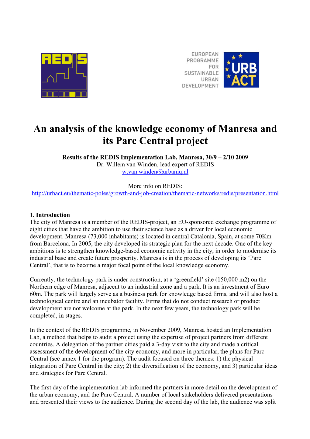 An Analysis of the Knowledge Economy of Manresa and Its Parc Central Project