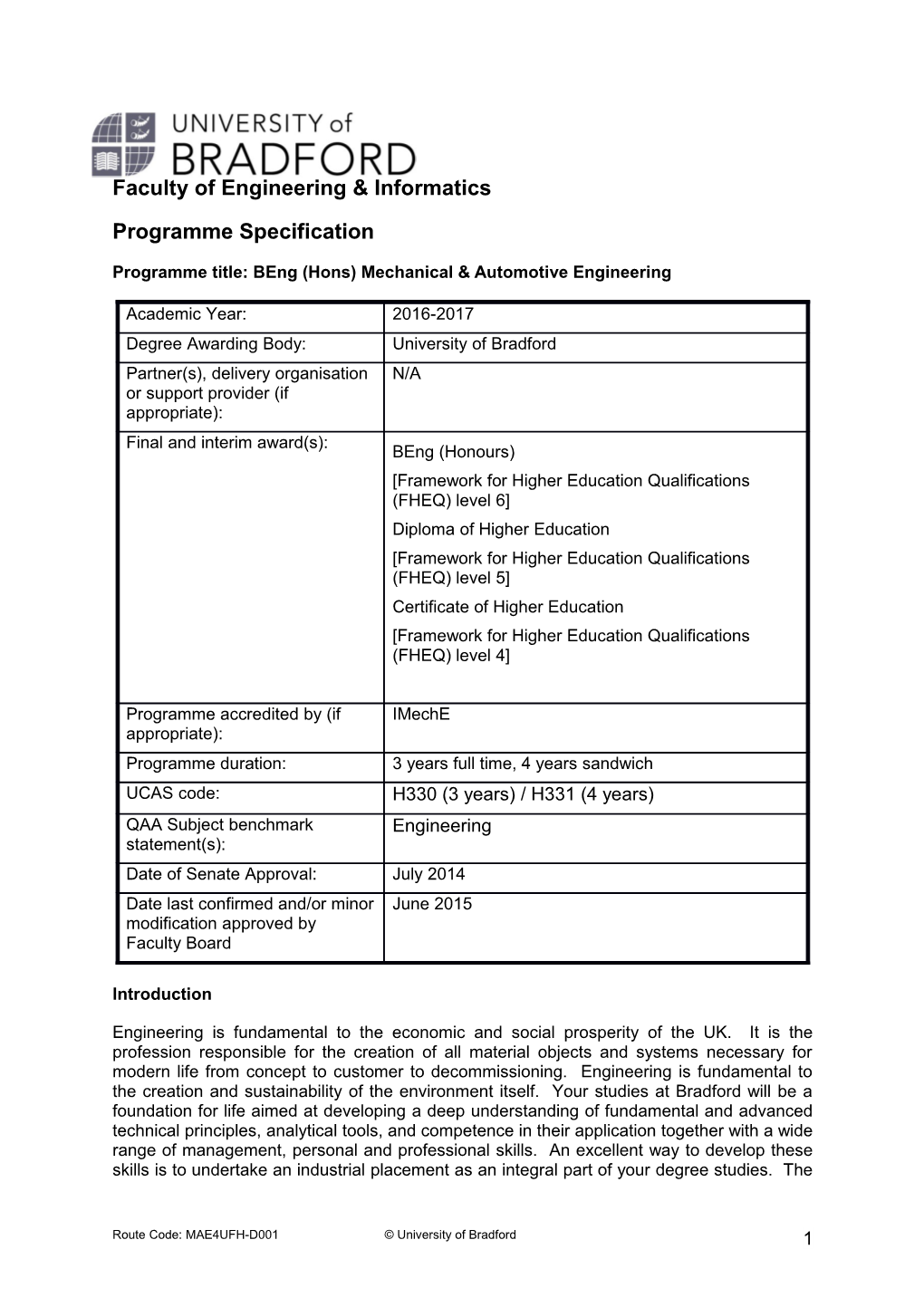 Programme Title: Beng (Hons) Mechanical & Automotive Engineering