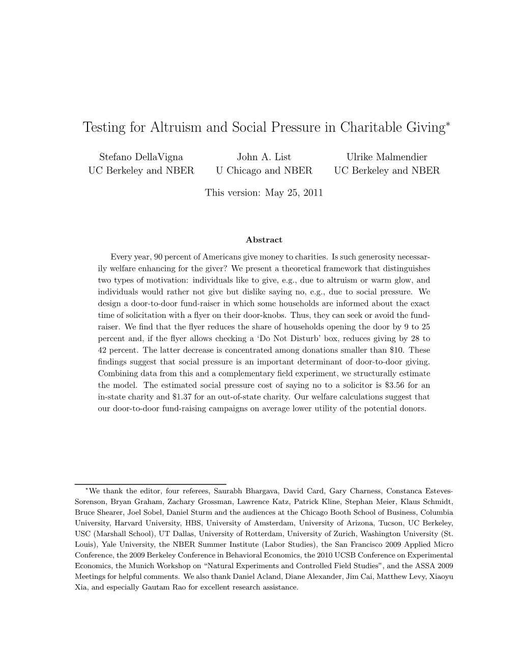 Testing for Altruism and Social Pressure in Charitable Giving∗