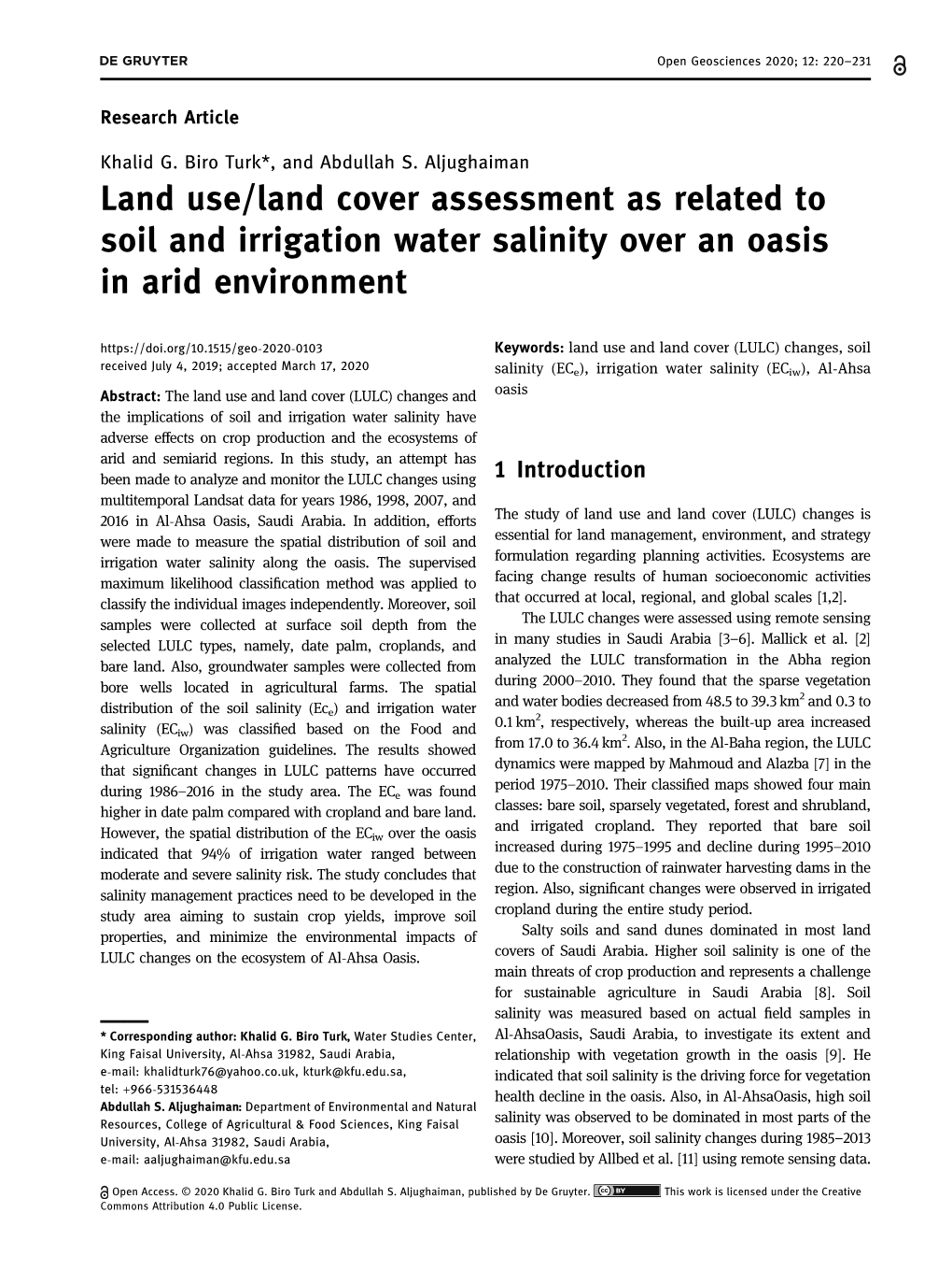 Land Use/Land Cover Assessment As Related to Soil and Irrigation Water Salinity Over an Oasis in Arid Environment