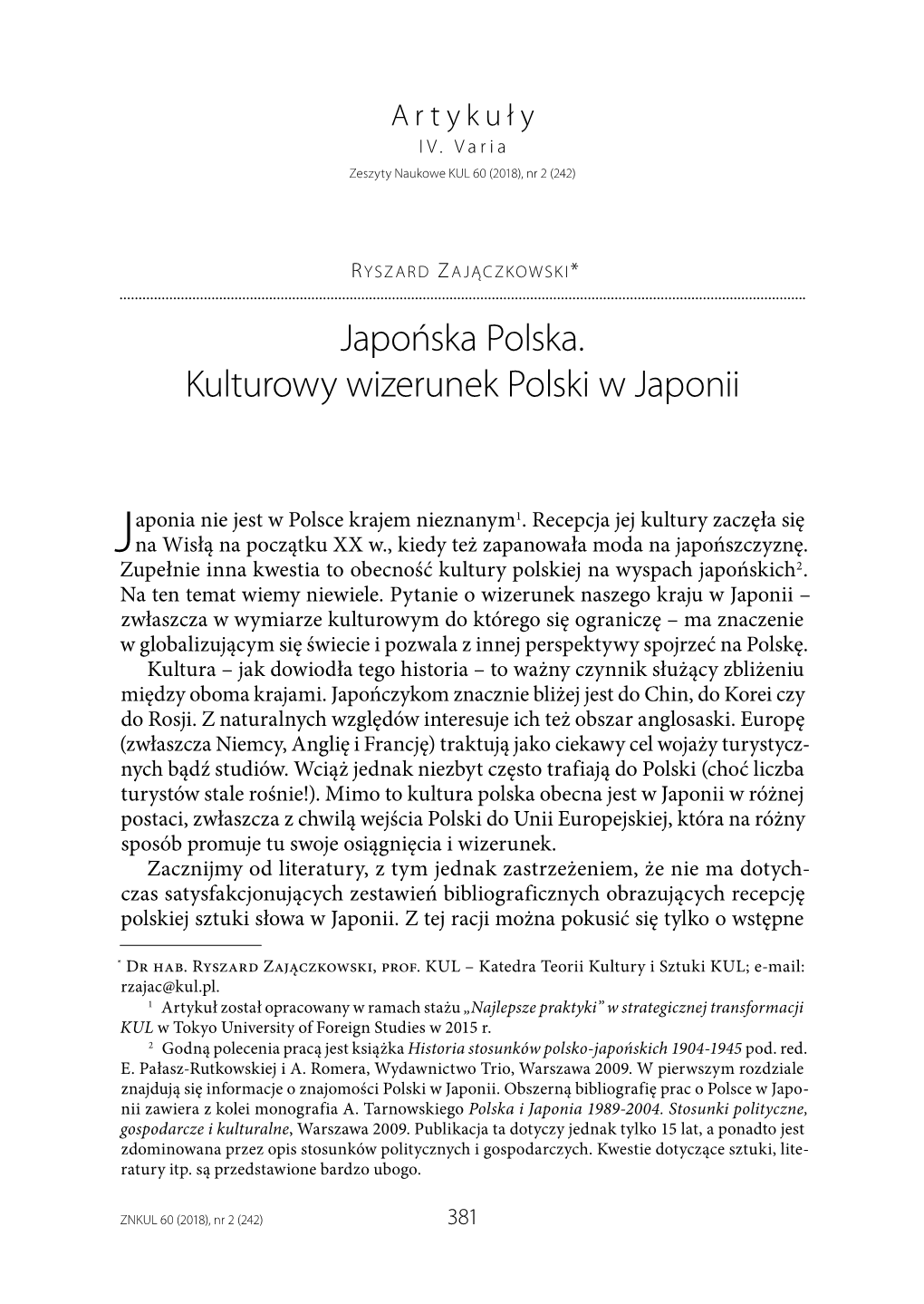 Japońska Polska. Kulturowy Wizerunek Polski W Japonii