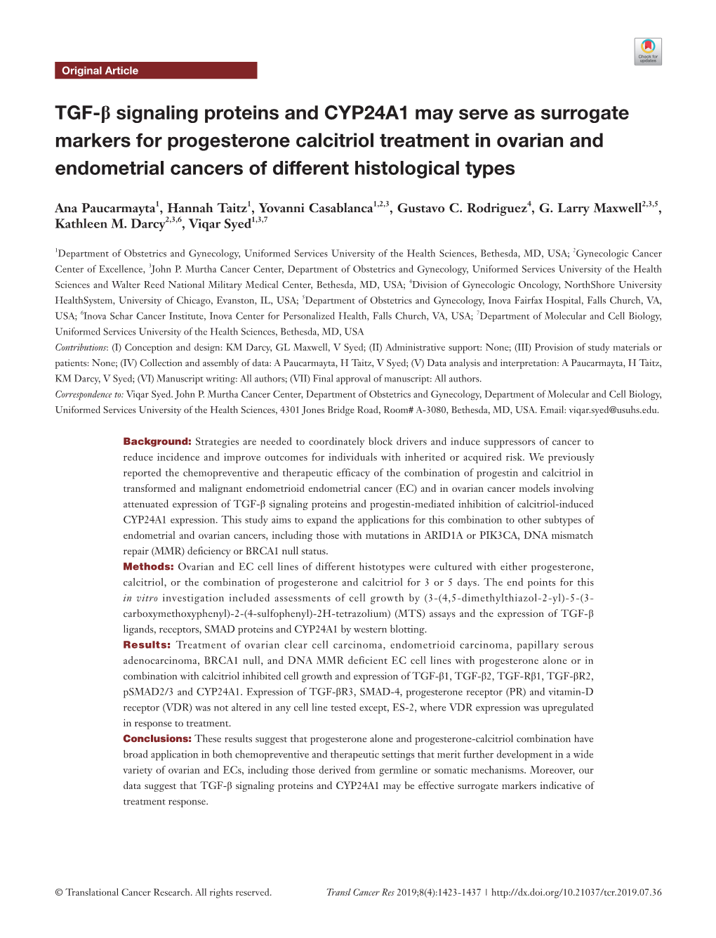 TGF-Β Signaling Proteins and CYP24A1 May Serve As Surrogate