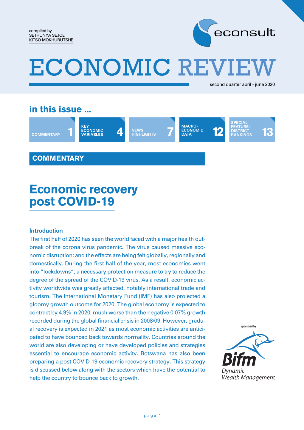 ECONOMIC REVIEW Second Quarter April - June 2020 in This Issue