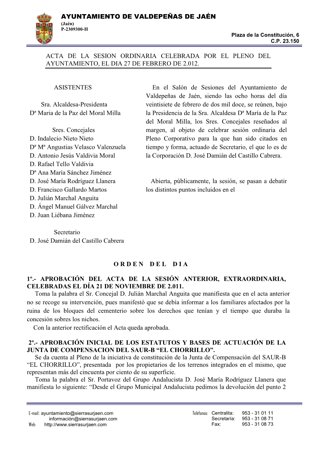 Ayuntamiento De Valdepeñas De Jaén Acta De La Sesion