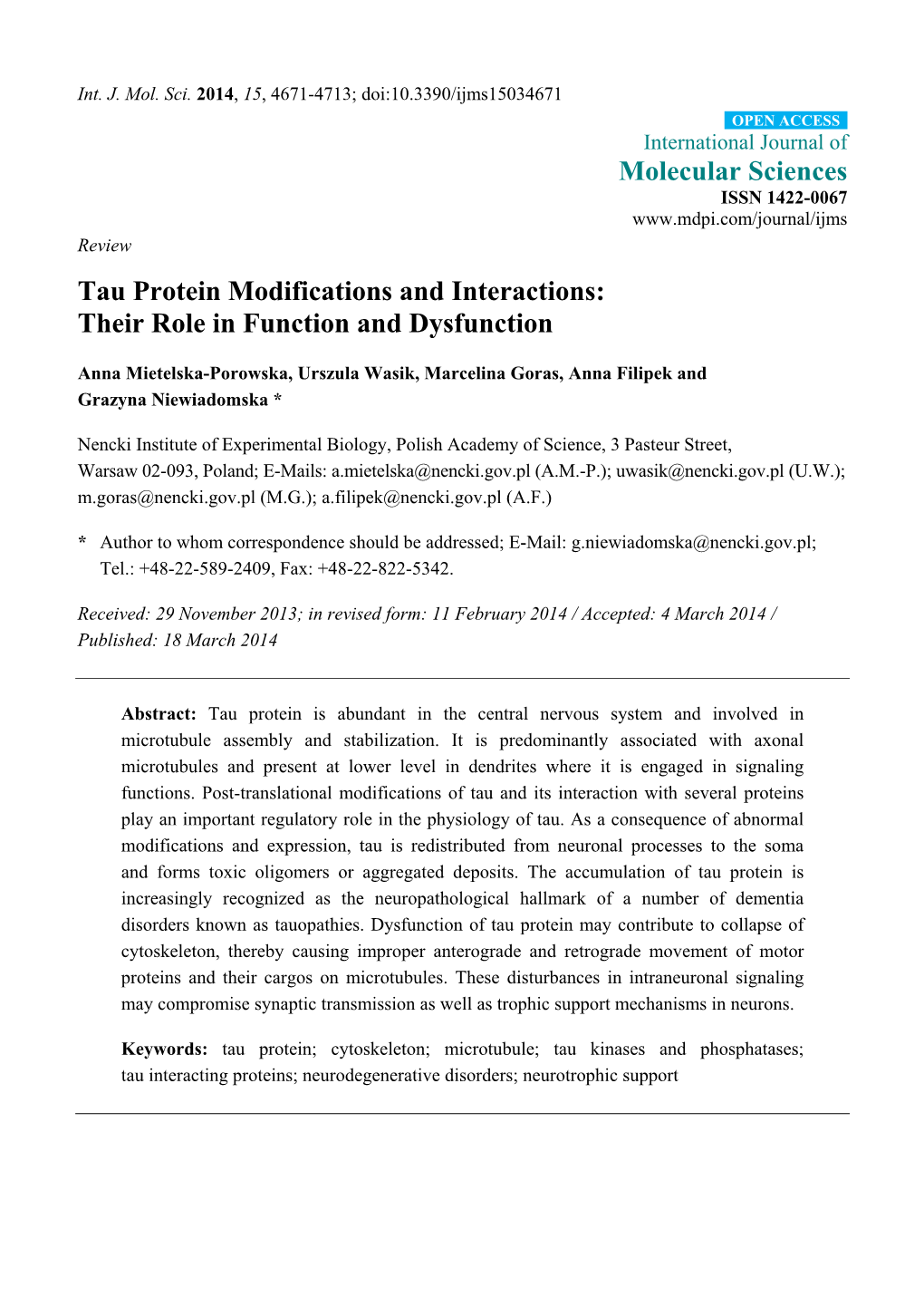 Tau Protein Modifications and Interactions: Their Role in Function and Dysfunction