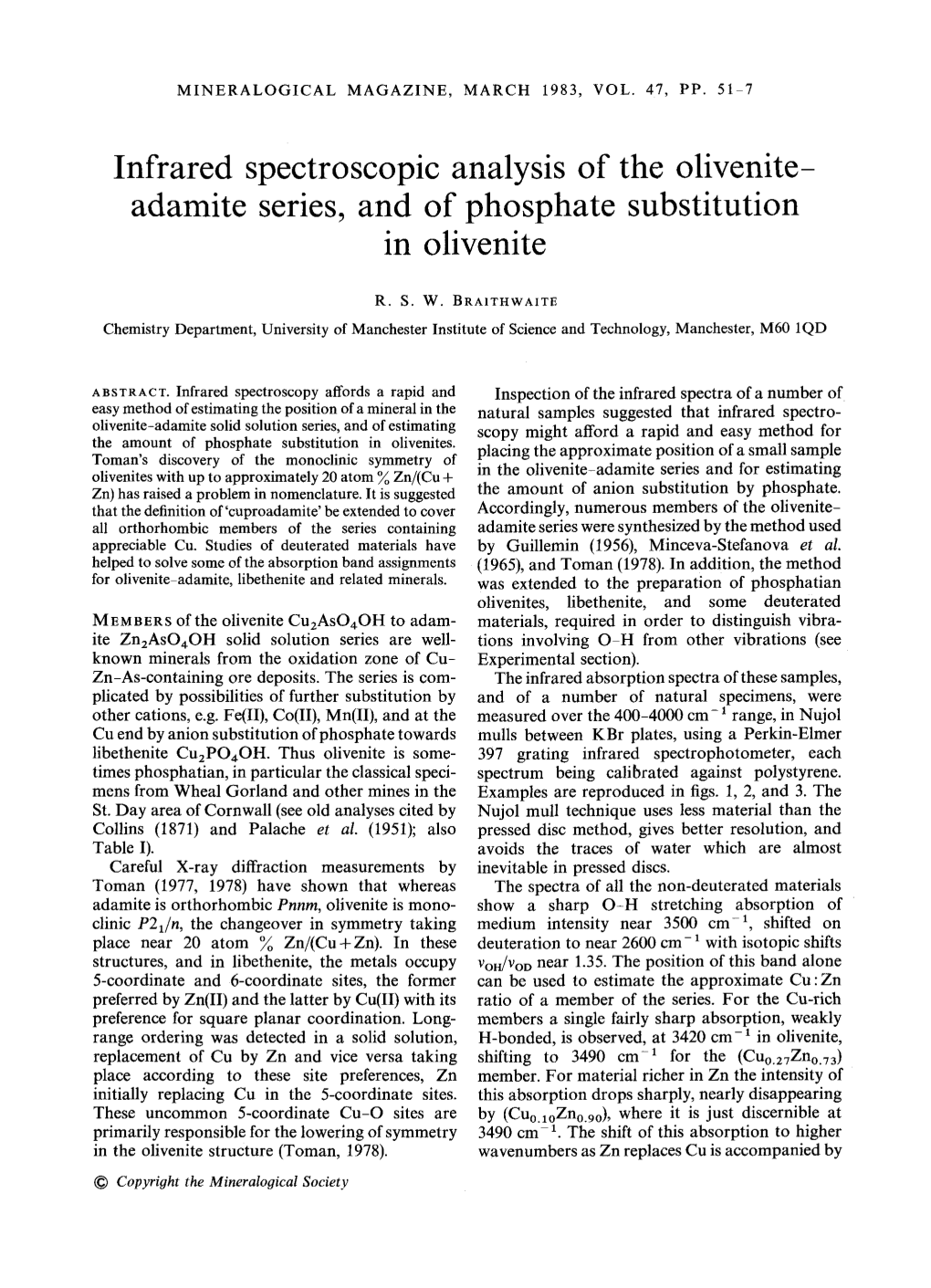 Adamite Series, and of Phosphate Substitution in Olivenite