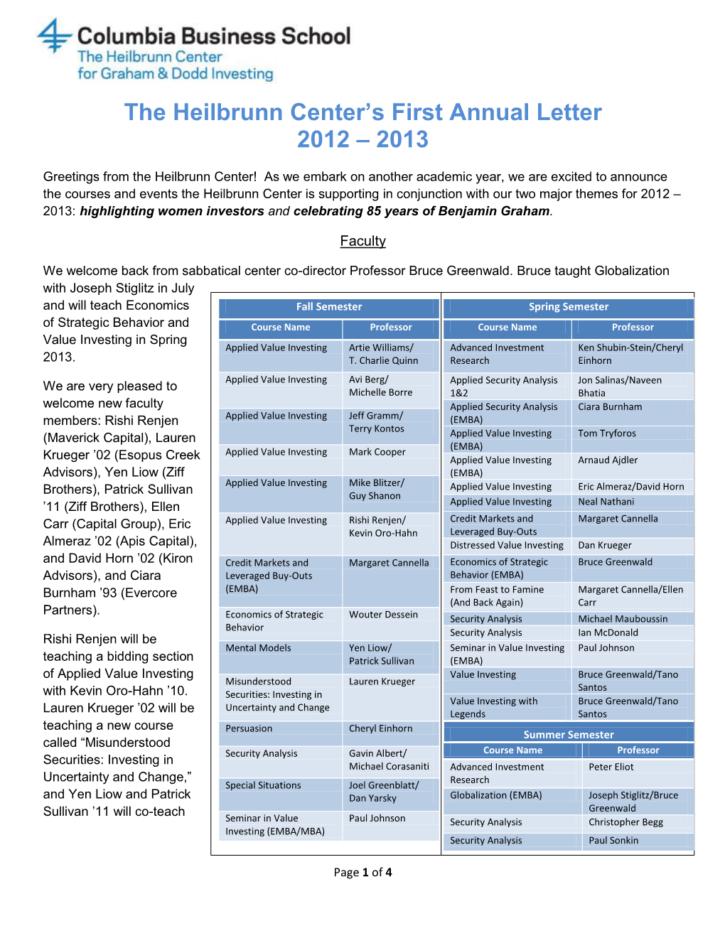 The Heilbrunn Center's First Annual Letter 2012 – 2013