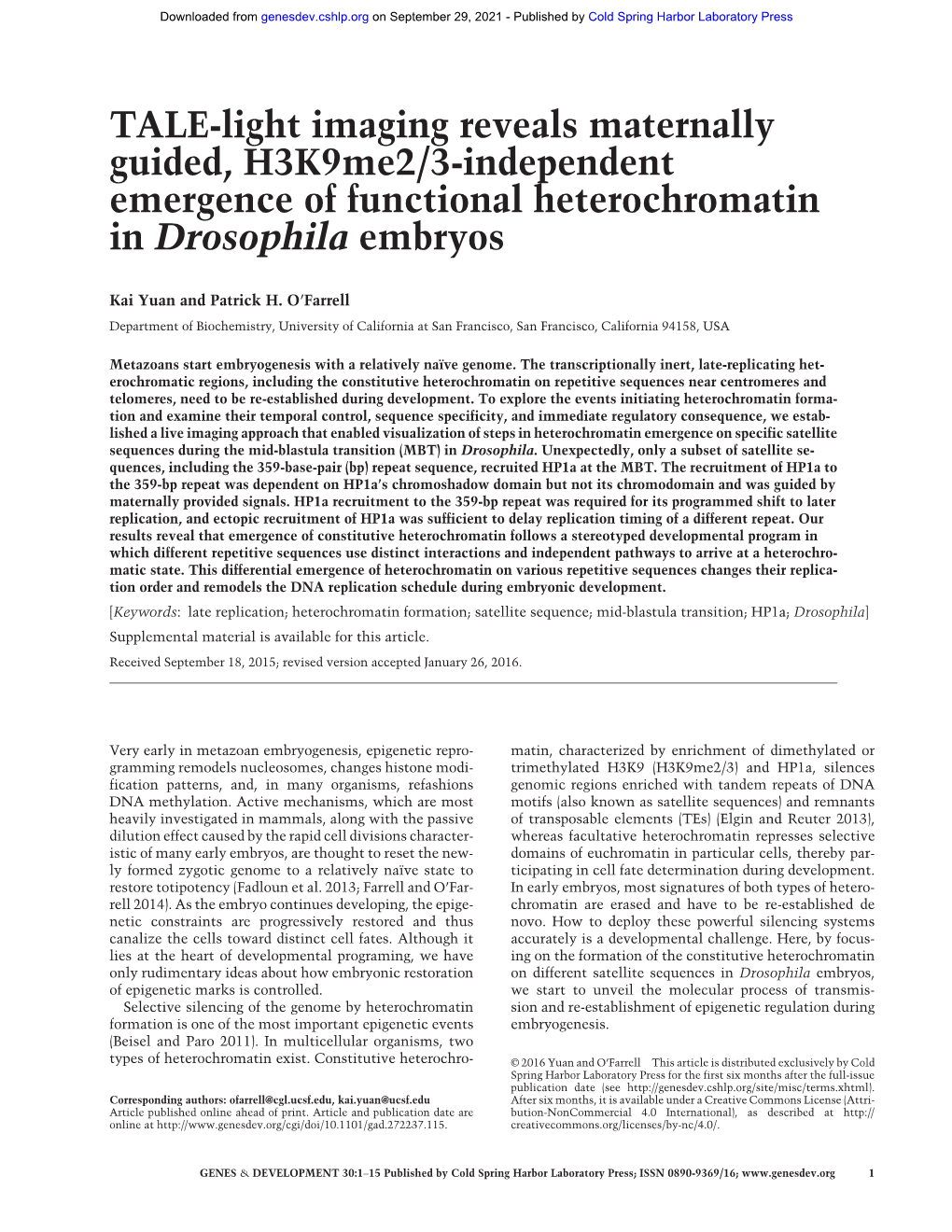 TALE-Light Imaging Reveals Maternally Guided, H3k9me2/3-Independent Emergence of Functional Heterochromatin in Drosophila Embryos