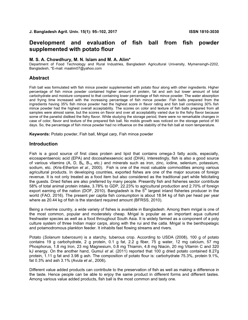 Development and Evaluation of Fish Ball from Fish Powder Supplemented with Potato Flour