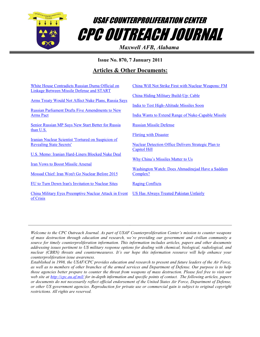 USAF Counterproliferation Center CPC Outreach Journal #870