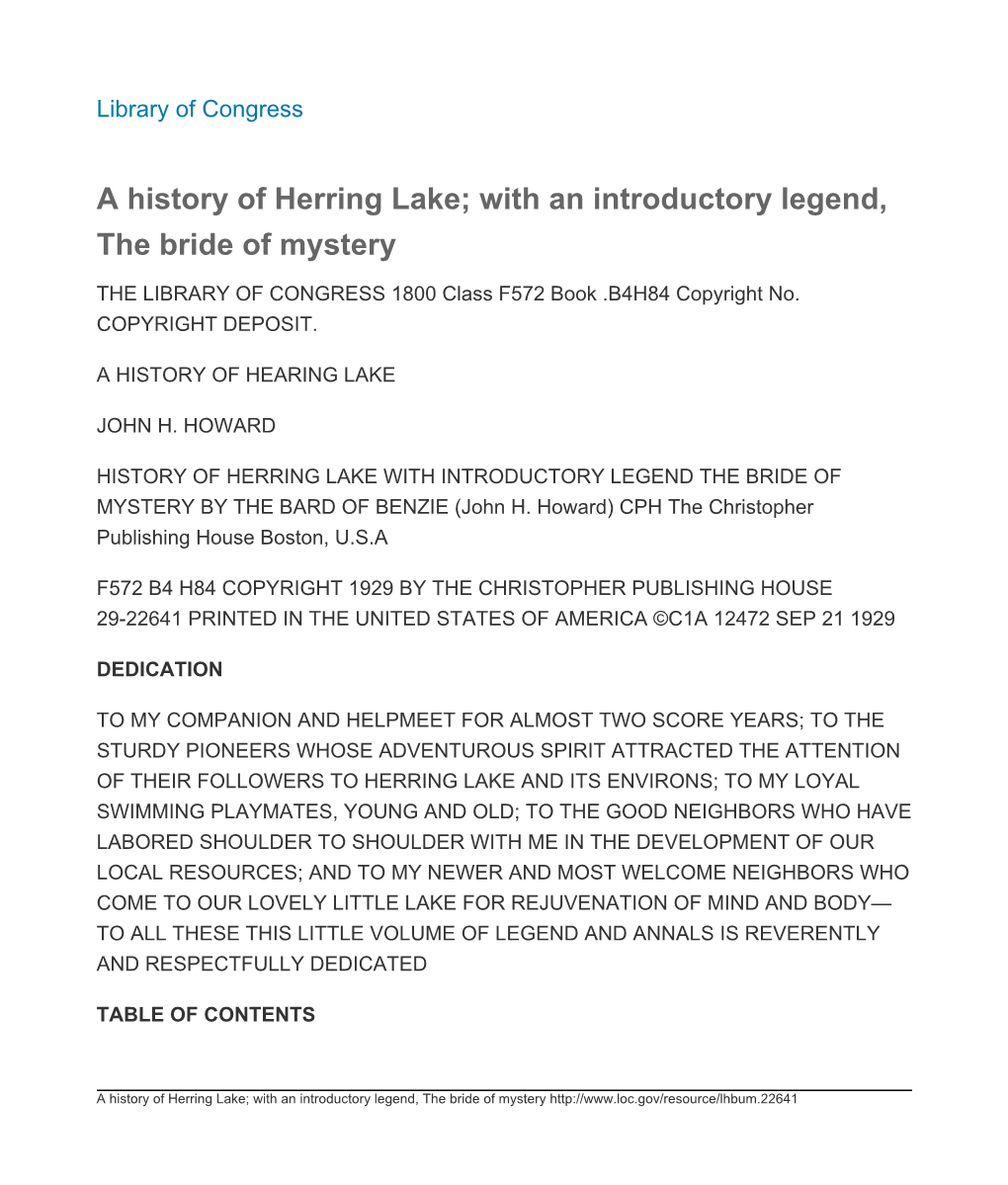 A History of Herring Lake; with an Introductory Legend, the Bride of Mystery