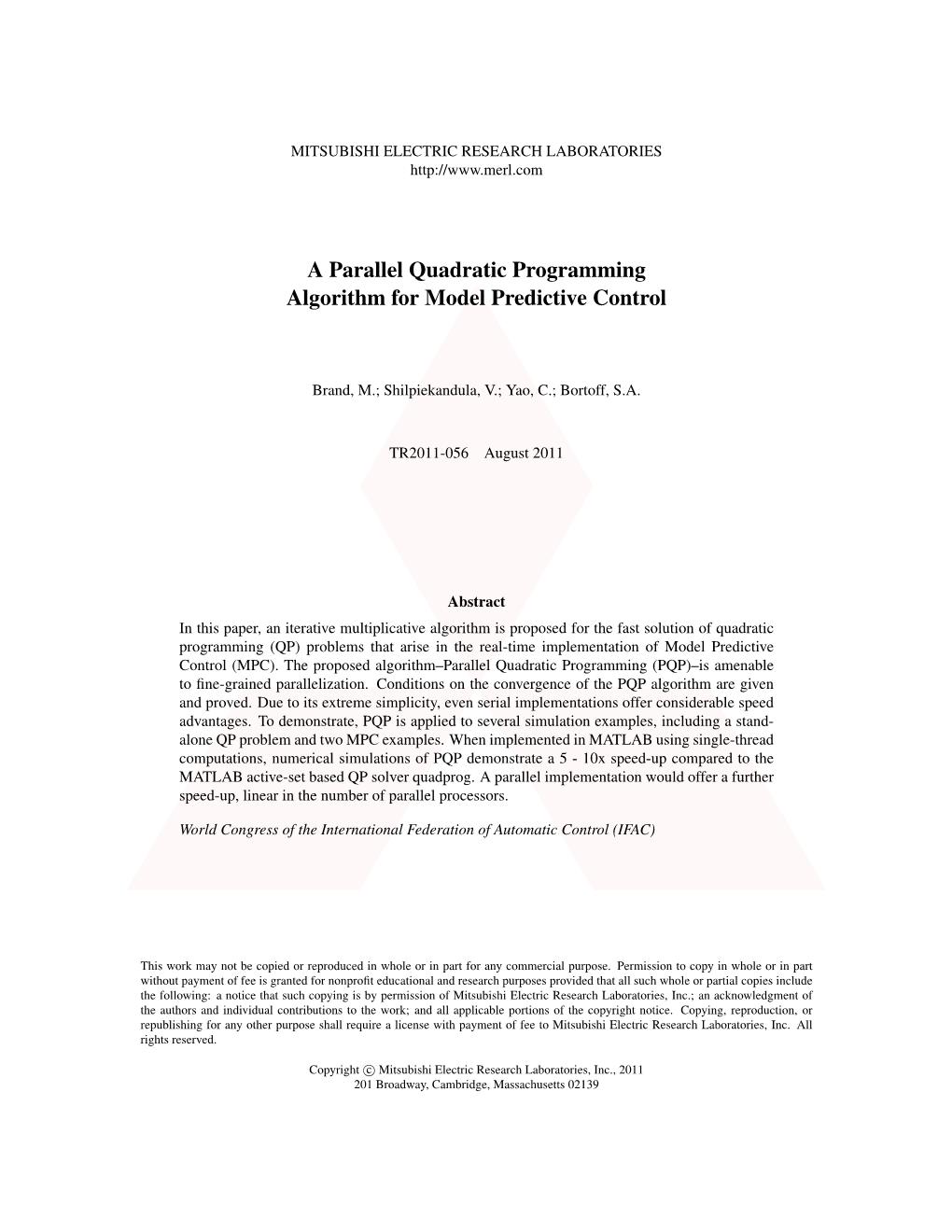 A Parallel Quadratic Programming Algorithm for Model Predictive Control