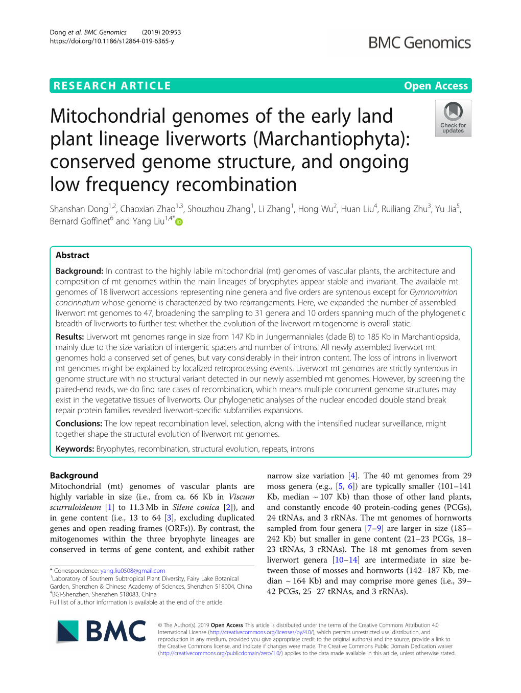 Mitochondrial Genomes of the Early Land Plant Lineage