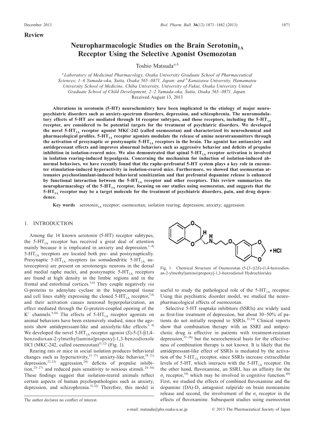 Neuropharmacologic Studies on the Brain Serotonin1a Receptor Using