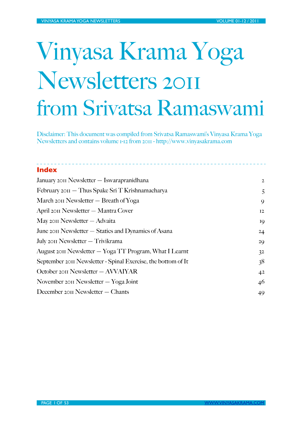 Vinyasa Krama Yoga Newsletters 2011 from Srivatsa Ramaswami