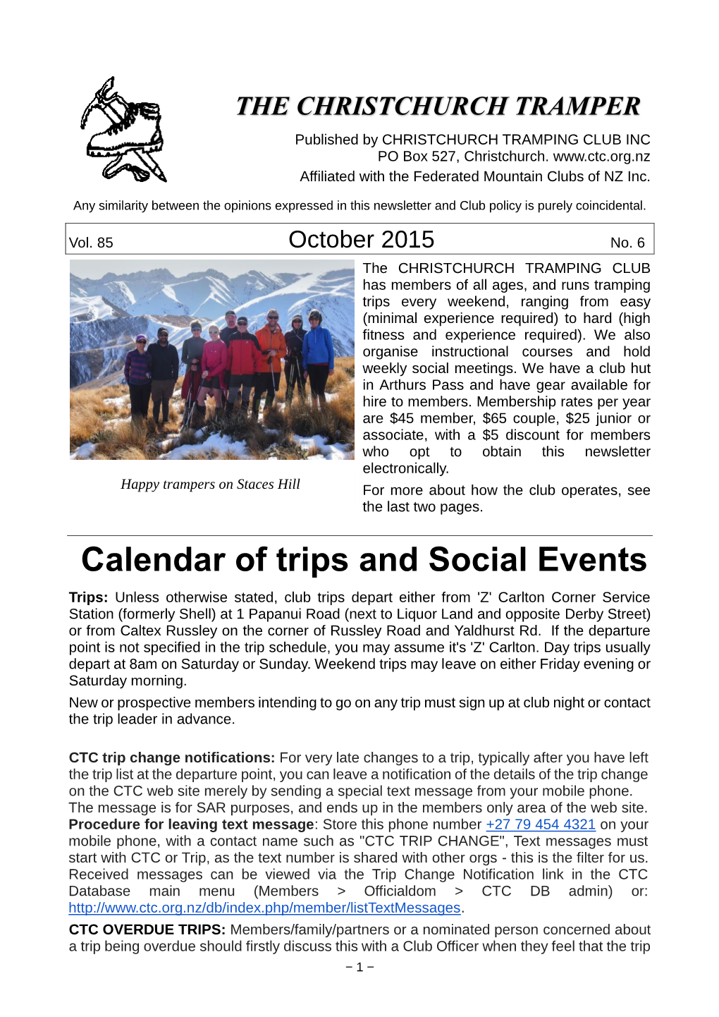 Calendar of Trips and Social Events