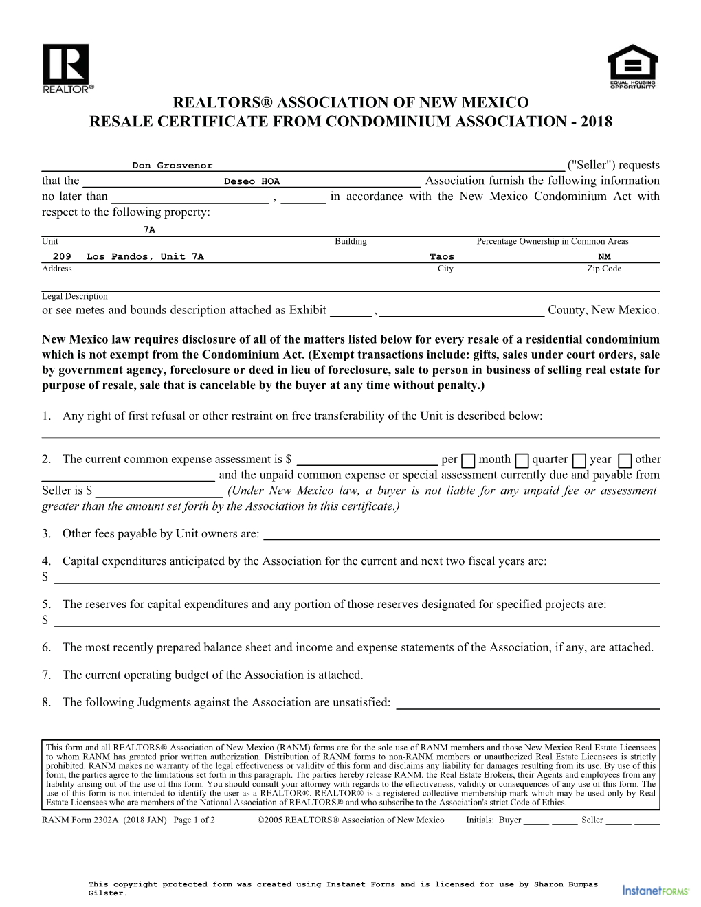 Resale Certificate from Condominium Association - 2018