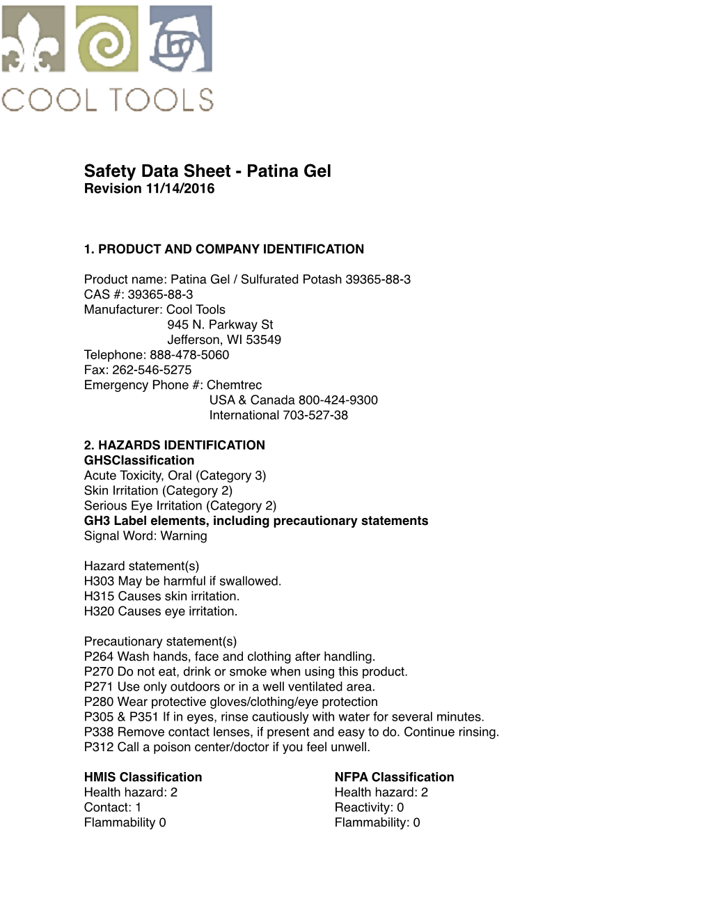 Safety Data Sheet - Patina Gel Revision 11/14/2016