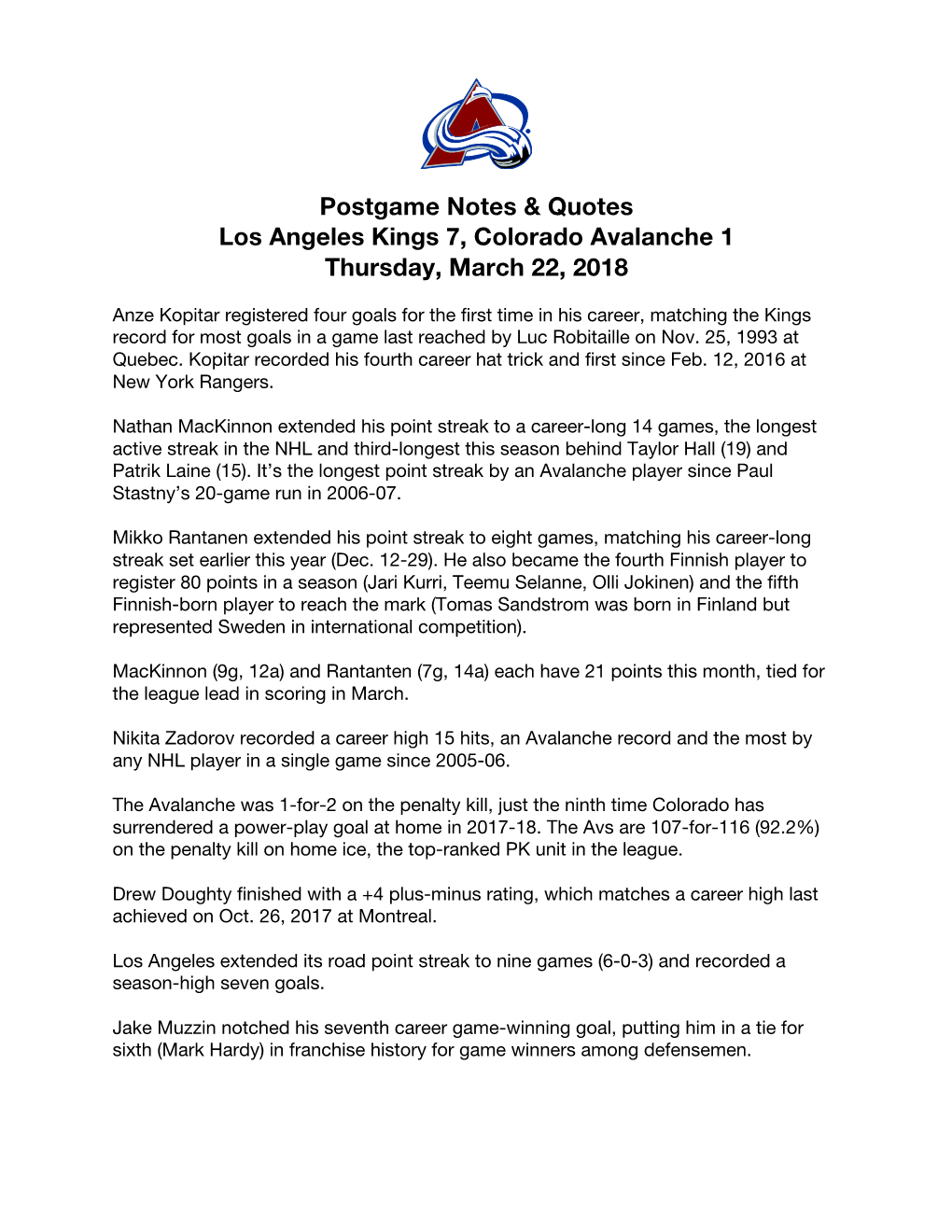 Postgame Notes & Quotes Los Angeles Kings 7, Colorado