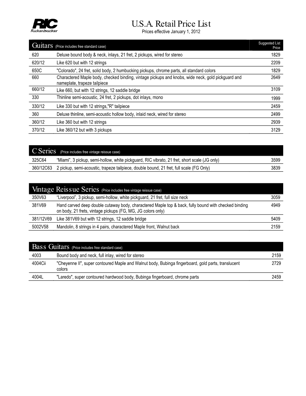 U.S.A. Retail Price List Prices Effective January 1, 2012