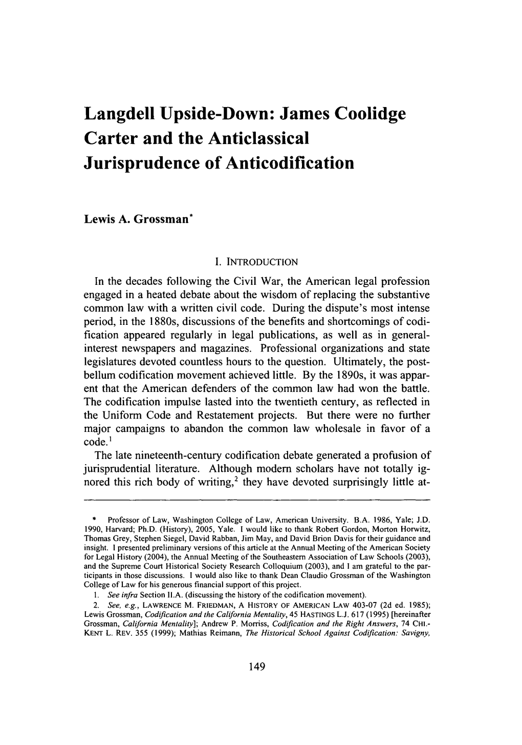 James Coolidge Carter and the Anticlassical Jurisprudence of Anticodification