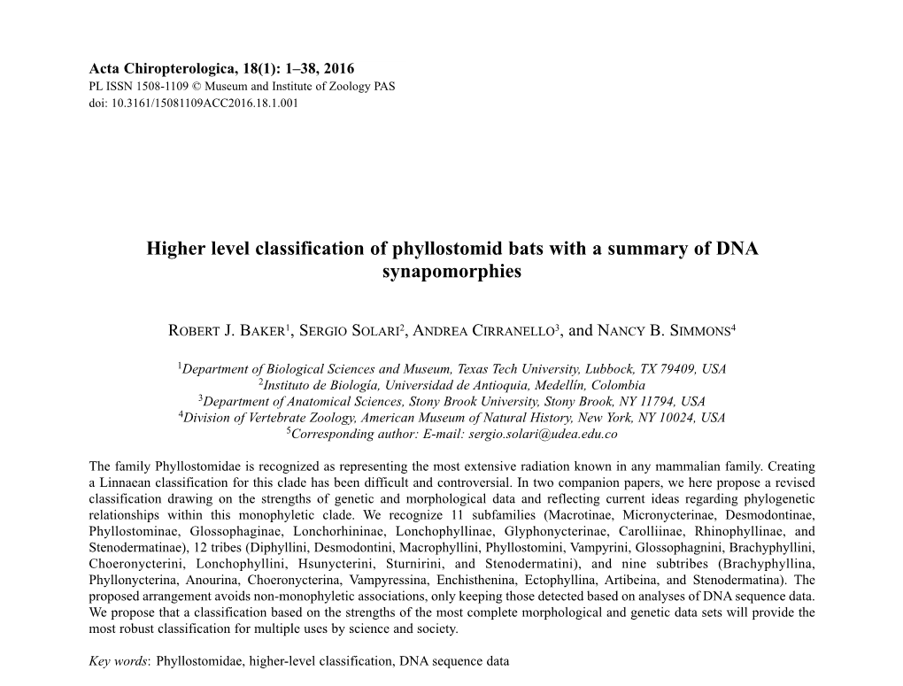 Higher Level Classification of Phyllostomid Bats with a Summary of DNA Synapomorphies