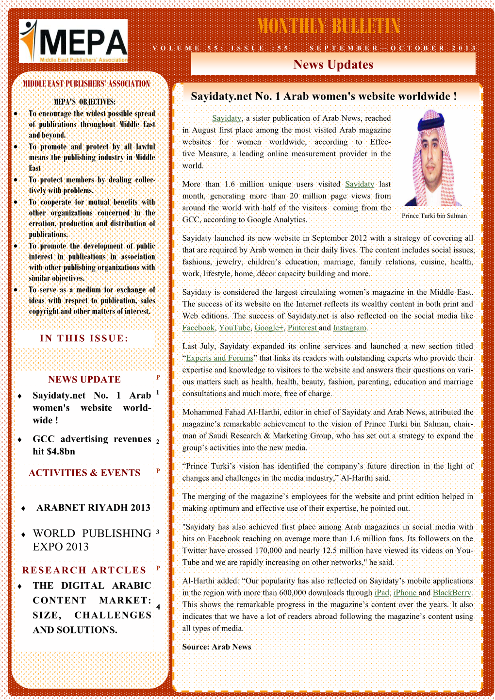 MONTHLY BULLETIN VOLUME 55; ISSUE :55 SEPTEMBER—OCTOBER 2013 News Updates MIDDLE EAST PUBLISHERS’ ASSOCIATION