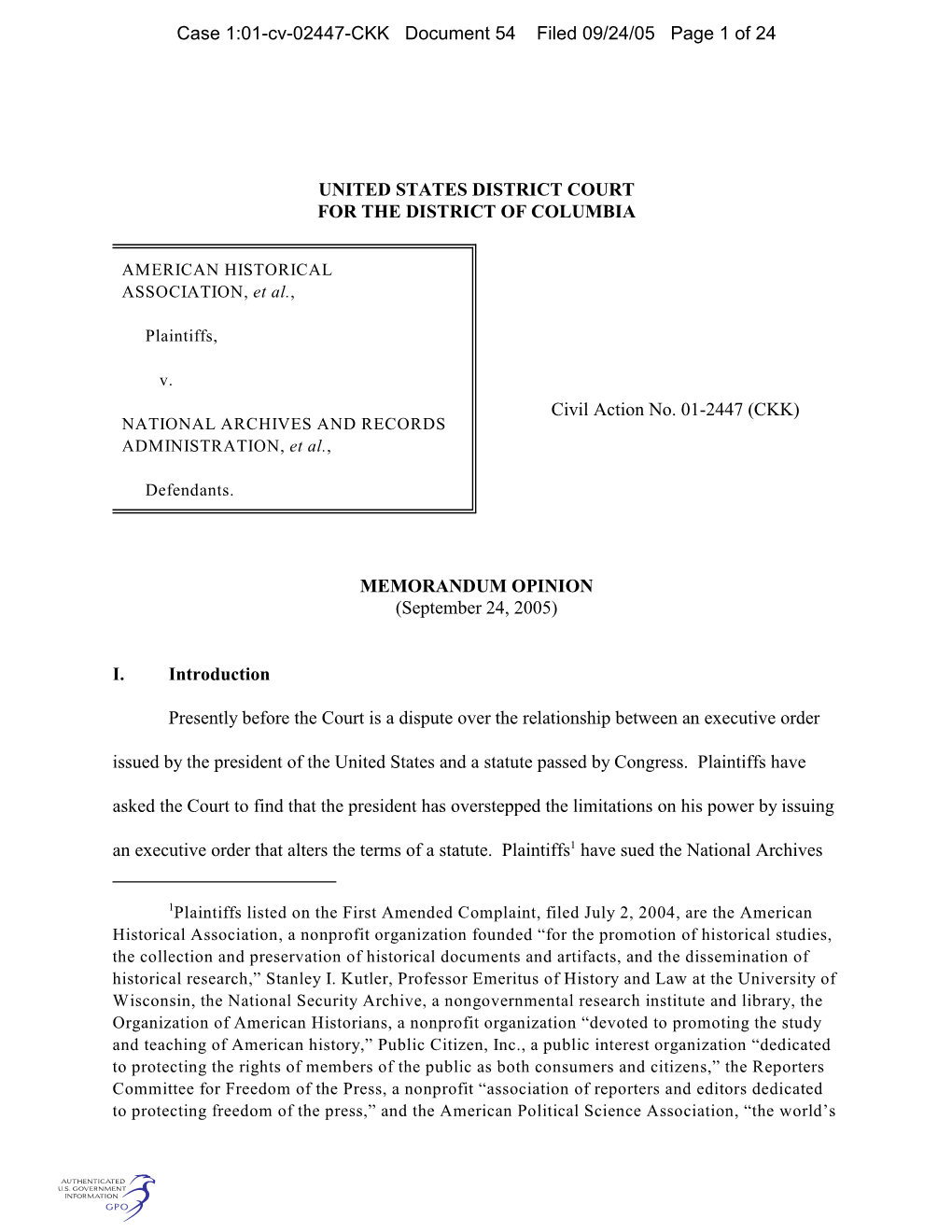 Case 1:01-Cv-02447-CKK Document 54 Filed 09/24/05 Page 1 of 24