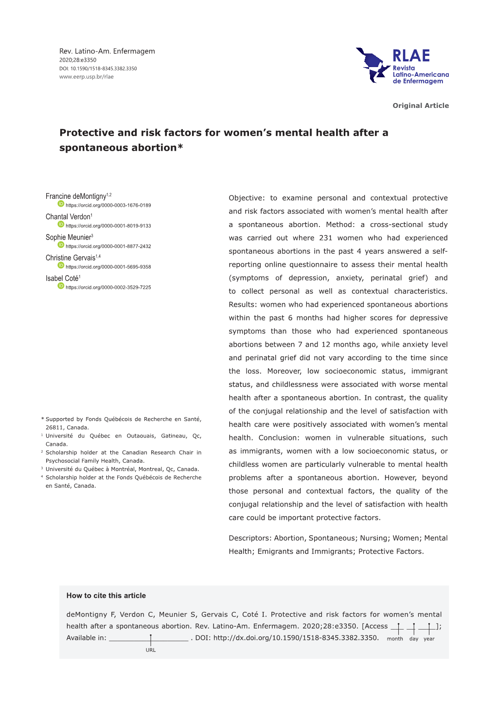 Protective and Risk Factors for Women's Mental Health After a Spontaneous