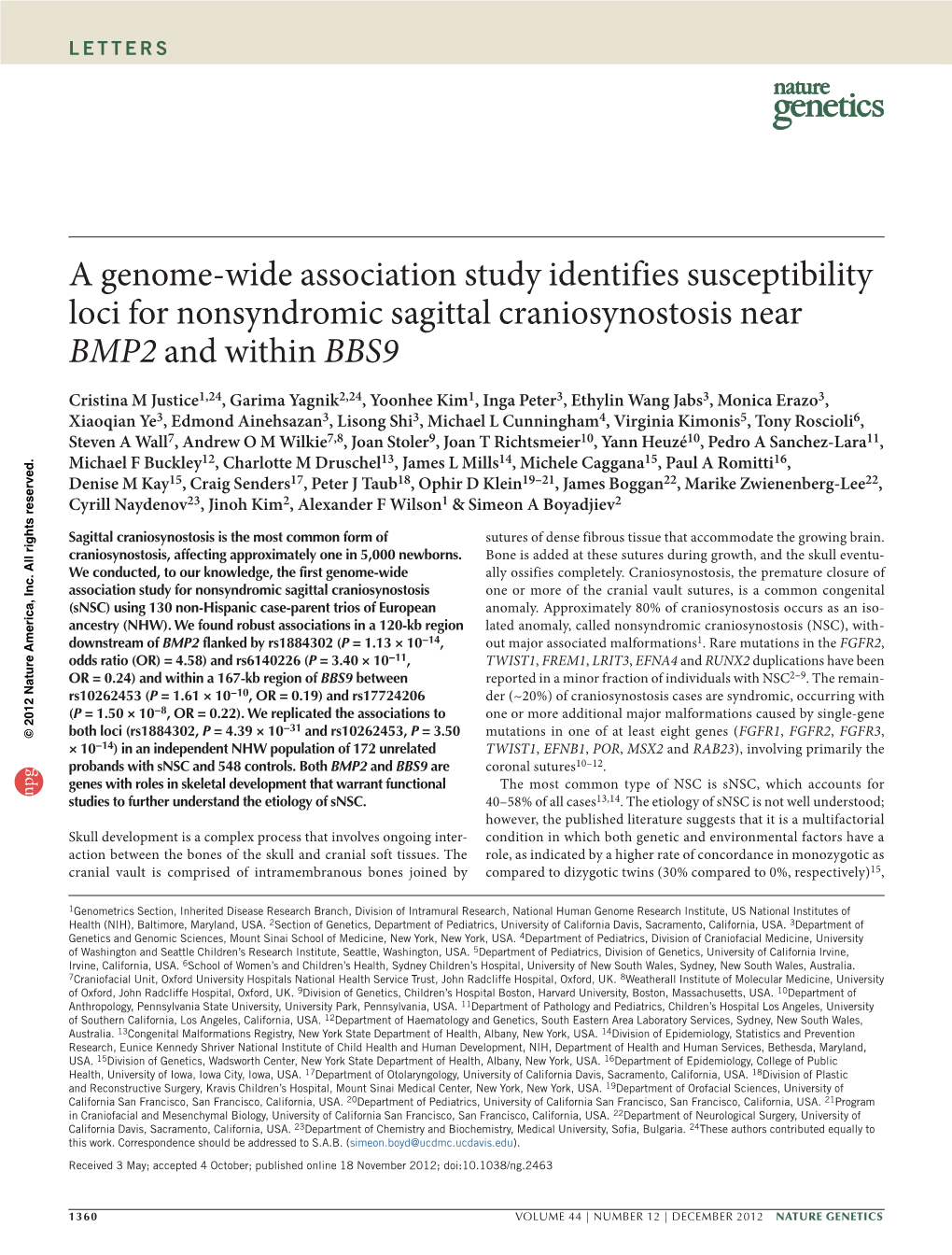 A Genome-Wide Association Study Identifies Susceptibility Loci for Nonsyndromic Sagittal Craniosynostosis Near BMP2 and Within BBS9