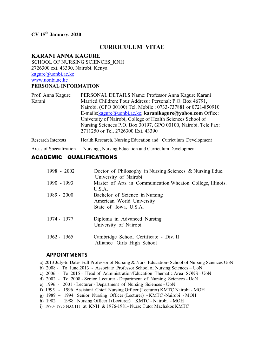 Prof Karani Cv January__2020.Pdf