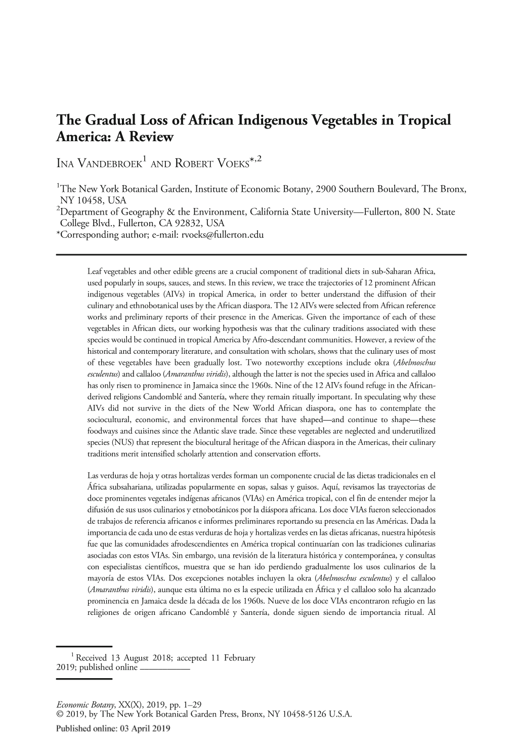 The Gradual Loss of African Indigenous Vegetables in Tropical America: a Review