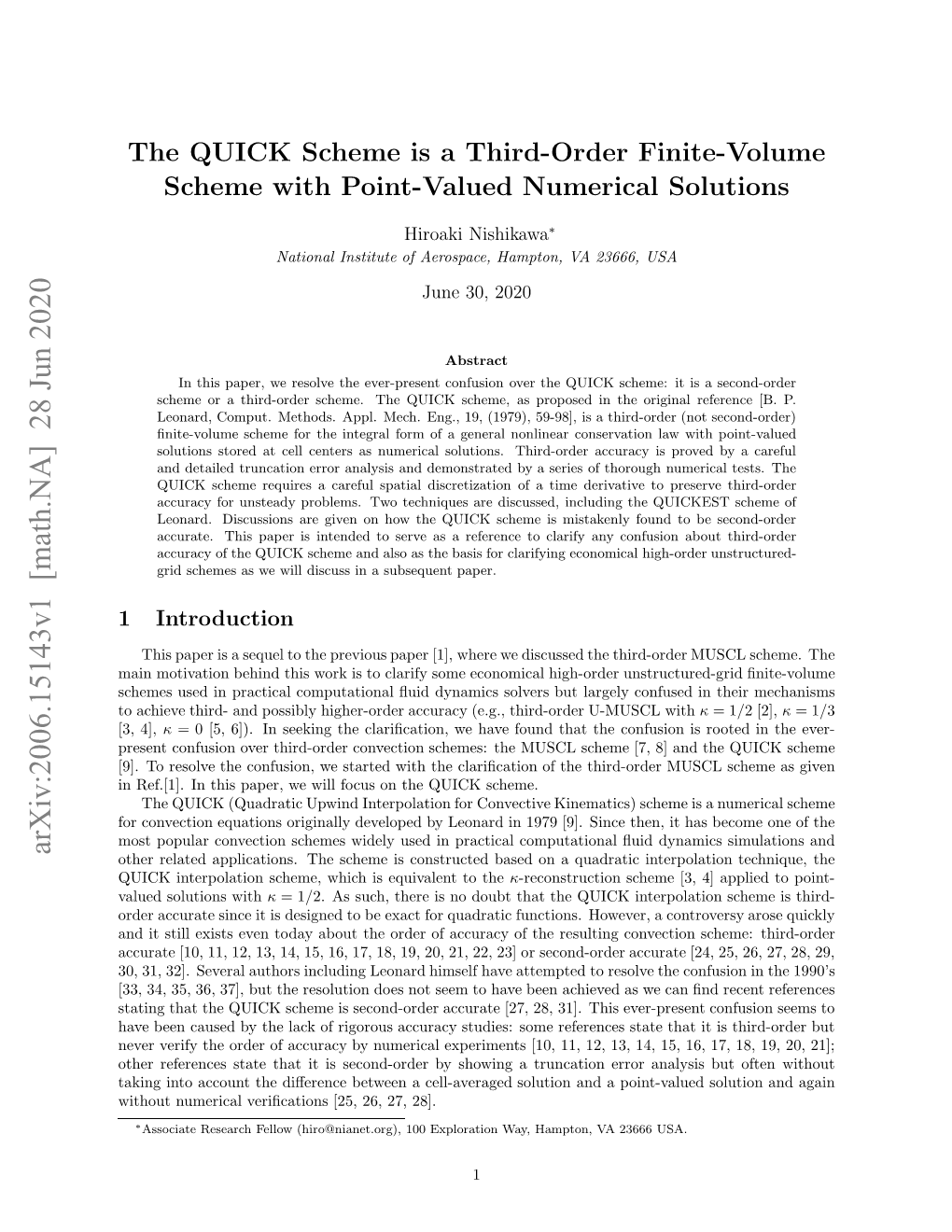 The QUICK Scheme Is a Third-Order Finite-Volume Scheme with Point