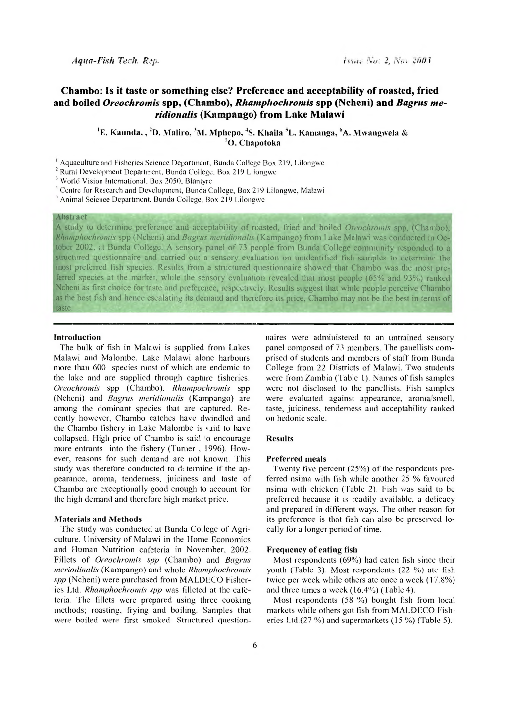 Chambo: Is It Taste Or Something Else? Preference and Acceptability