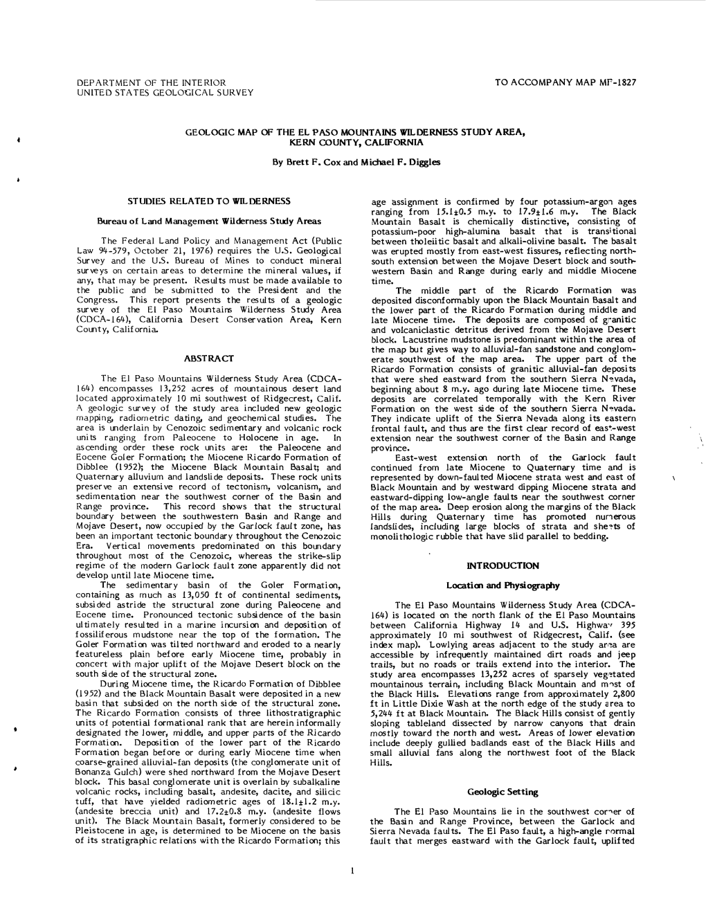 Geologic Map of the El Paso Mountains Wilderness Study Area, Kern County, California