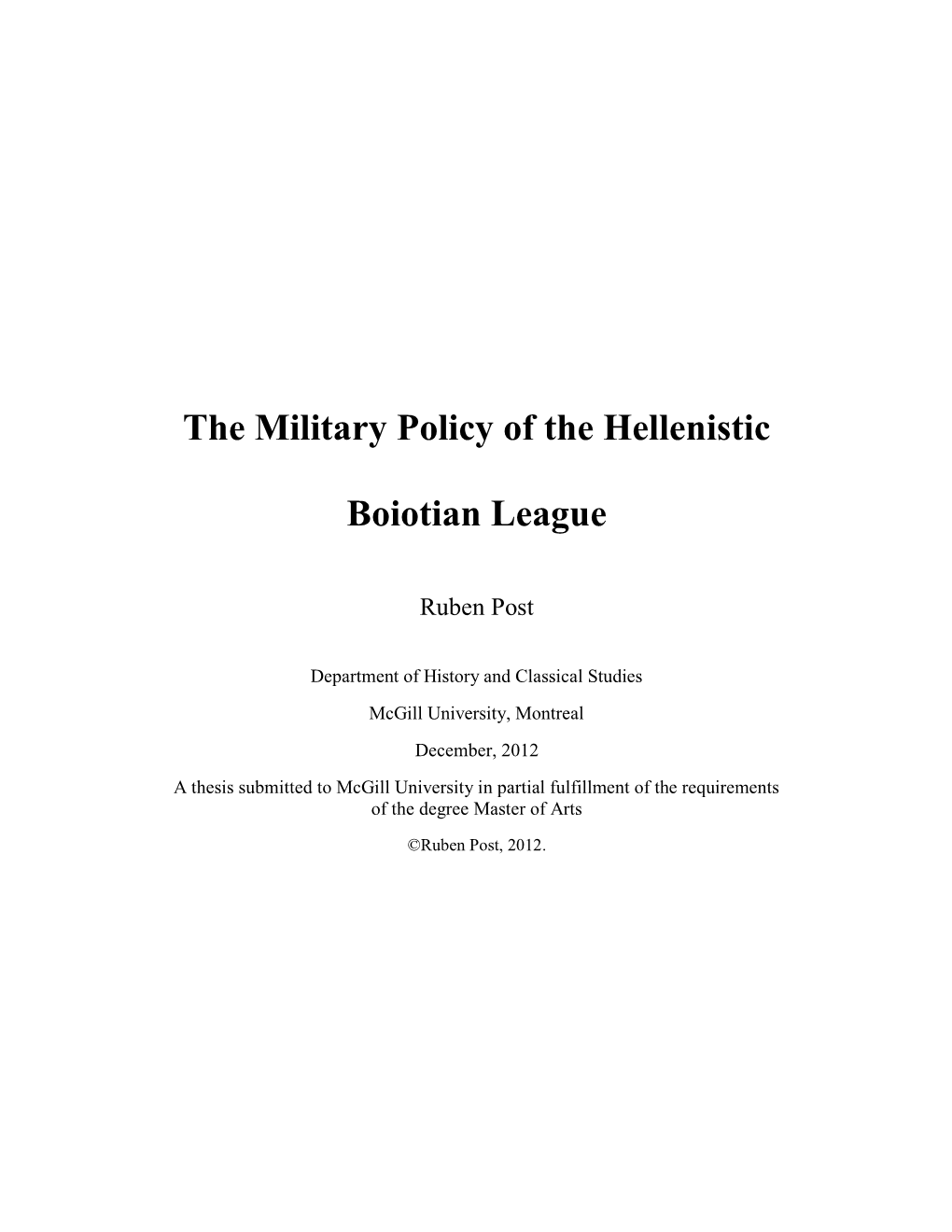 The Military Policy of the Hellenistic Boiotian League