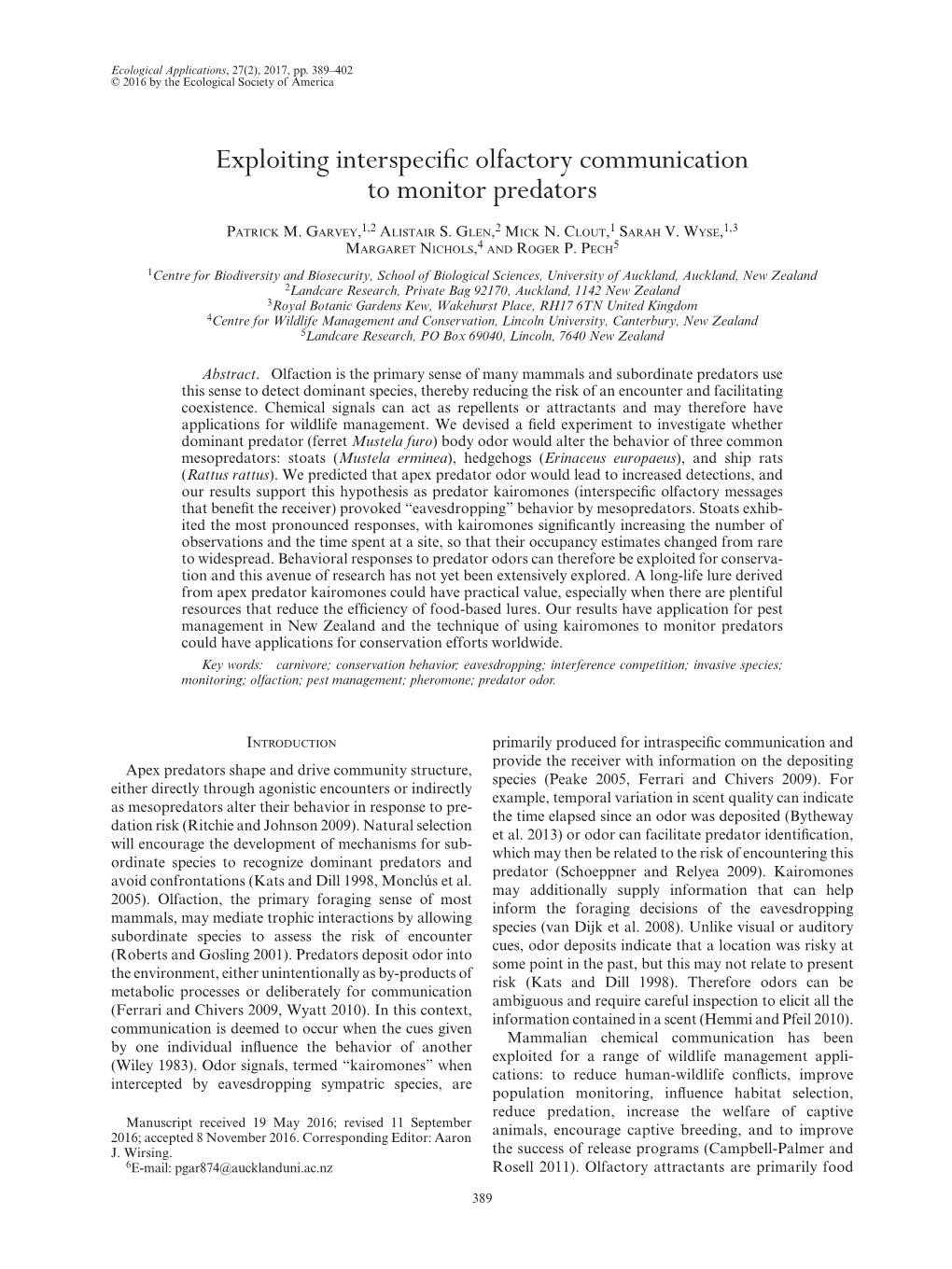 Exploiting Interspecific Olfactory Communication to Monitor Predators