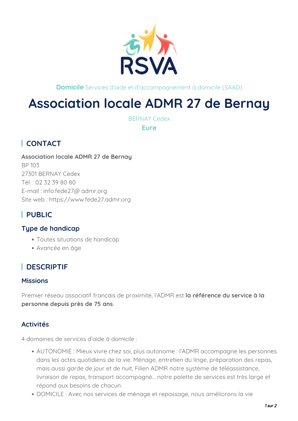 Association Locale ADMR 27 De Bernay BERNAY Cedex Eure