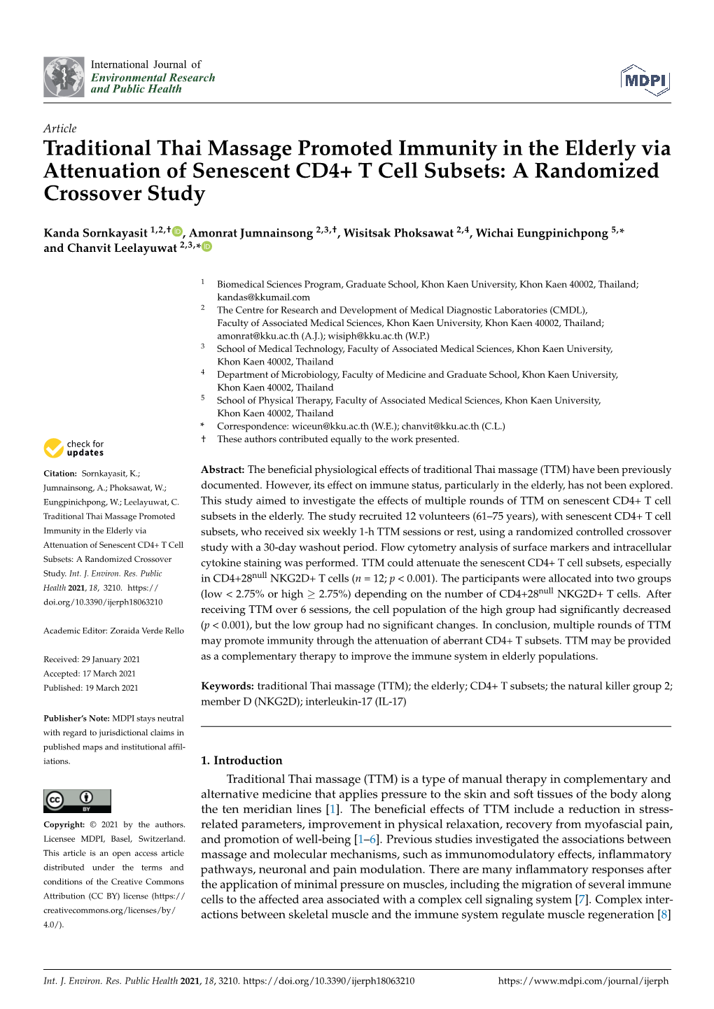 Traditional Thai Massage Promoted Immunity in the Elderly Via Attenuation of Senescent CD4+ T Cell Subsets: a Randomized Crossover Study