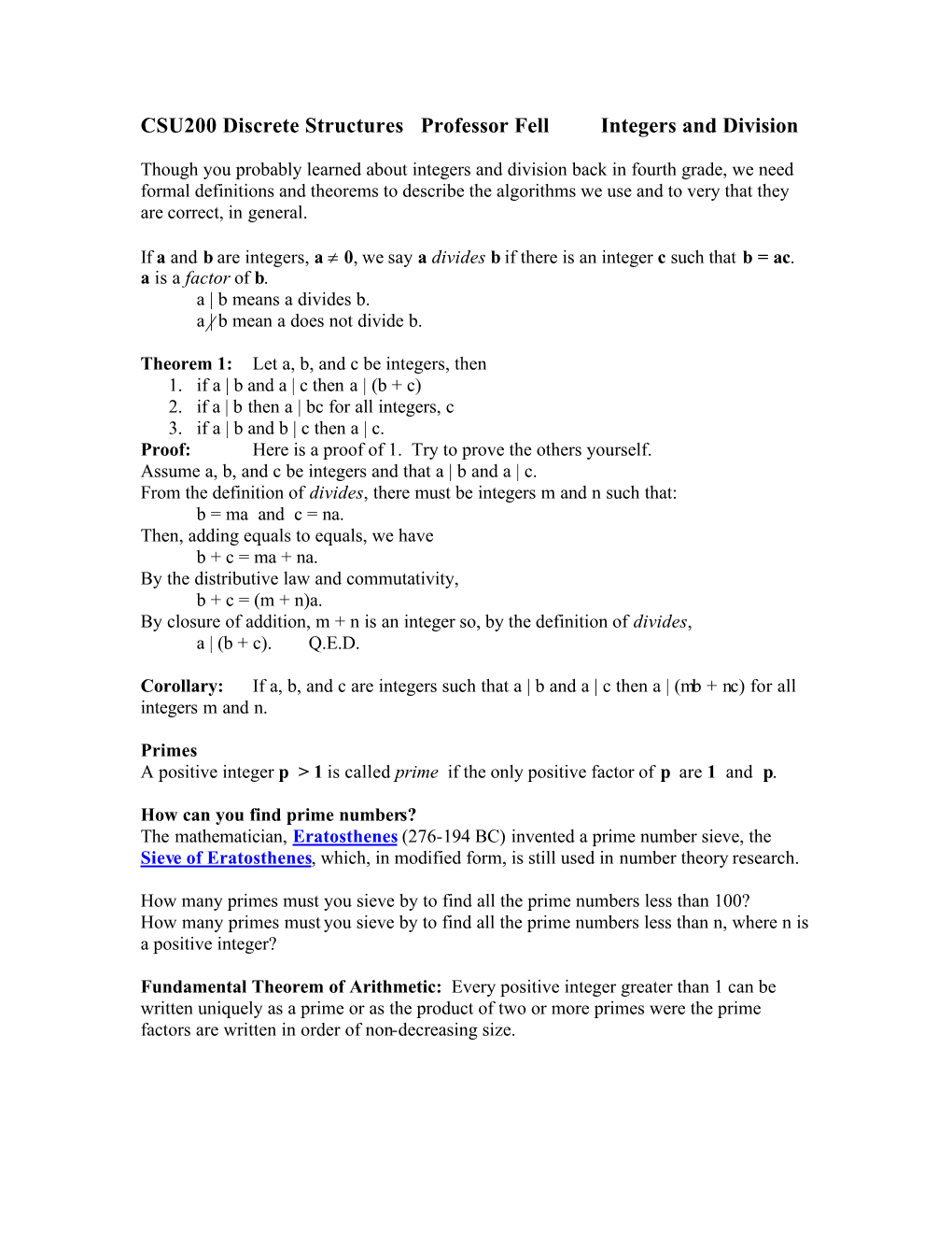 CSU200 Discrete Structures Professor Fell Integers and Division