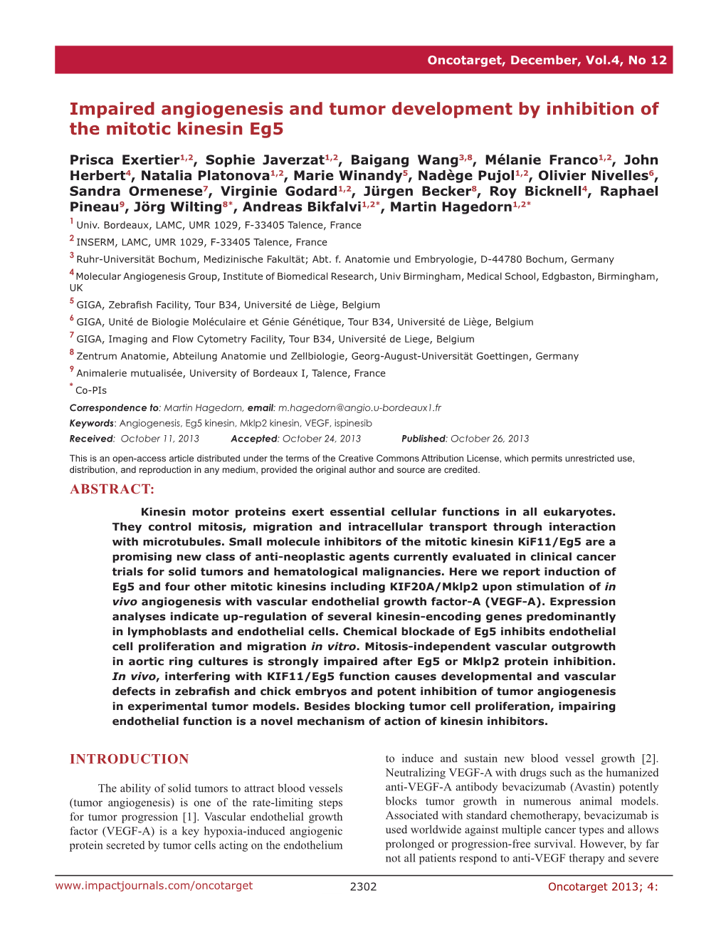 Impaired Angiogenesis and Tumor Development by Inhibition of the Mitotic Kinesin Eg5