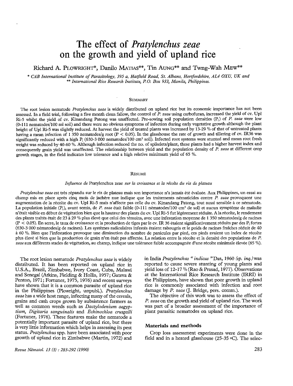 The Effect of Pratylenchus Zeae on the Growth and Yield of Upland Rice