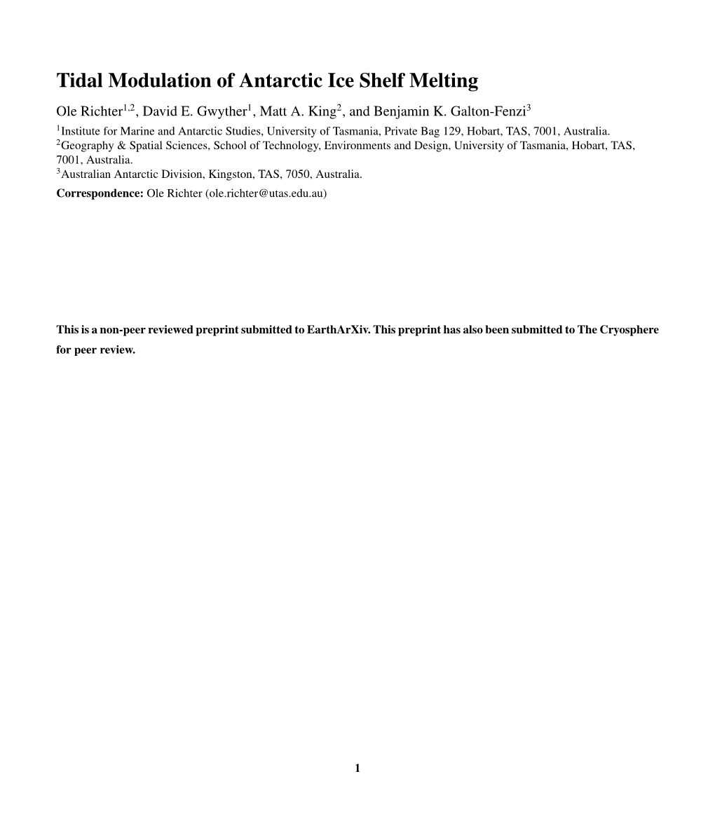 Tidal Modulation of Antarctic Ice Shelf Melting Ole Richter1,2, David E