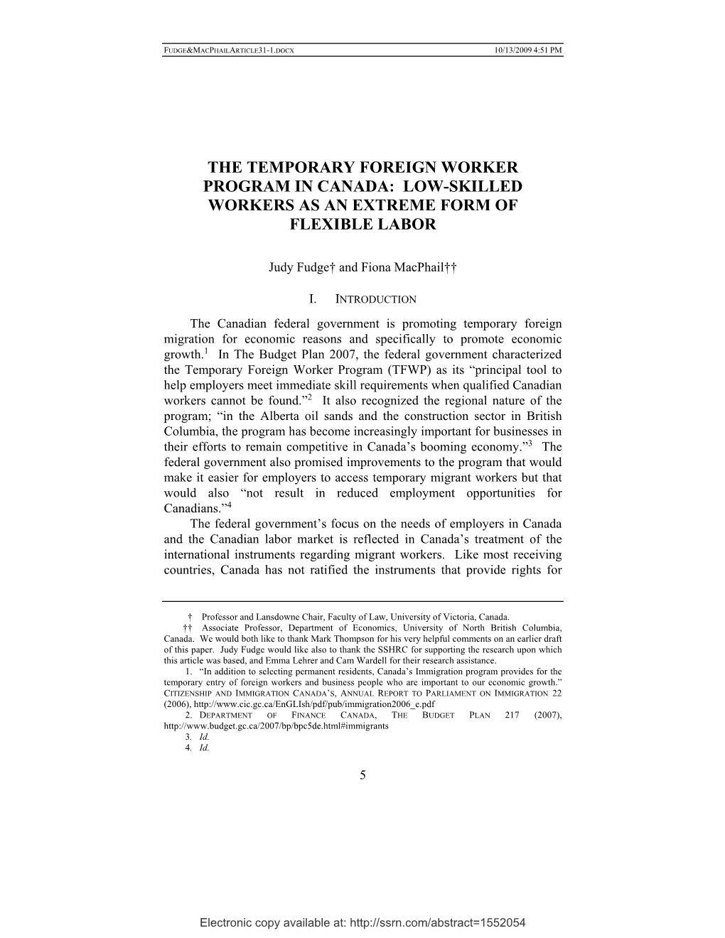 The Temporary Foreign Worker Program in Canada: Low-Skilled Workers As an Extreme Form of Flexible Labor