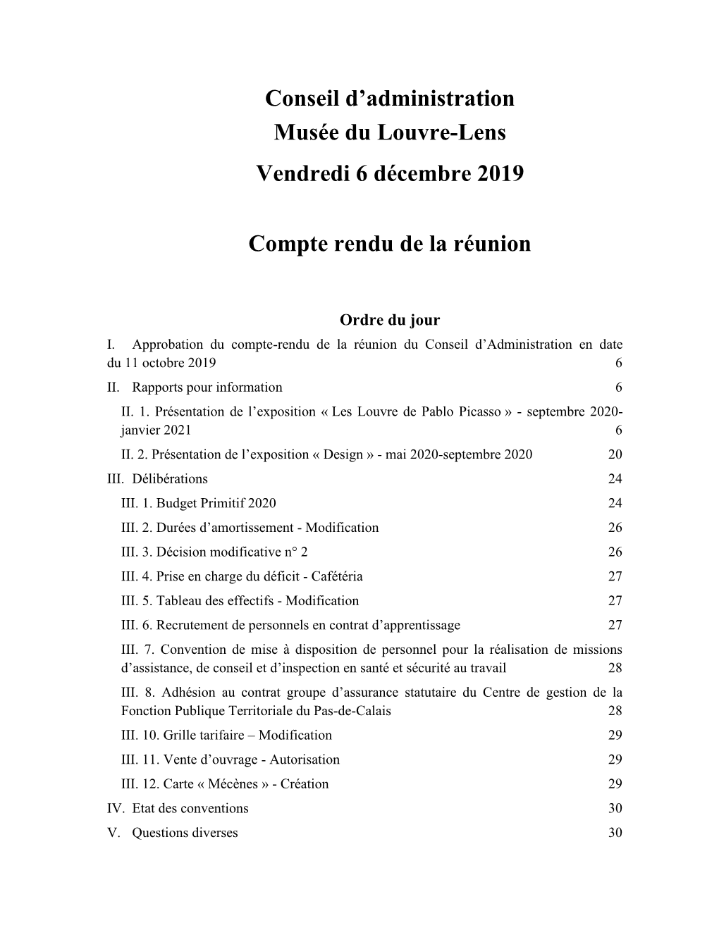Conseil D'administration Musée Du Louvre-Lens Vendredi 6 Décembre 2019 Compte Rendu De La Réunion