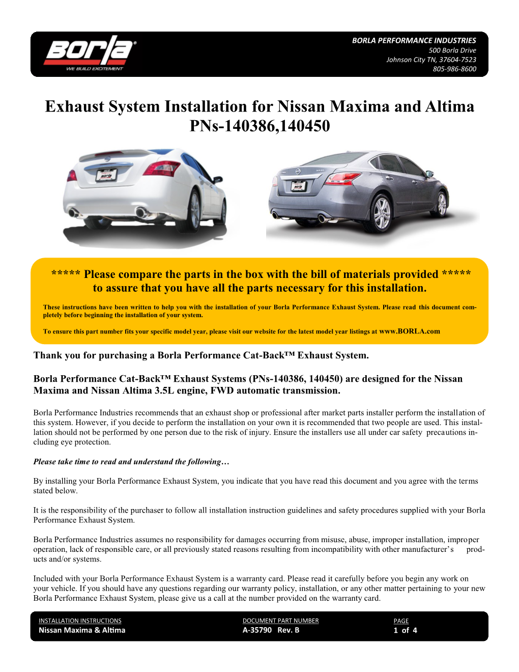 Exhaust System Installation for Nissan Maxima and Altima Pns-140386,140450