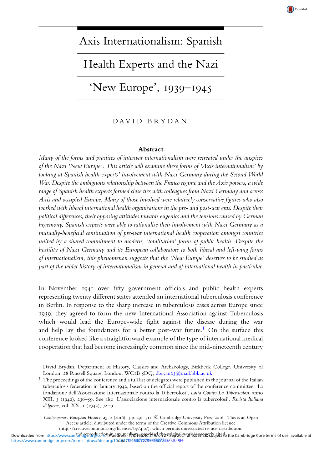 Axis Internationalism: Spanish Health Experts and the Nazi ‘New Europe’, 1939–1945