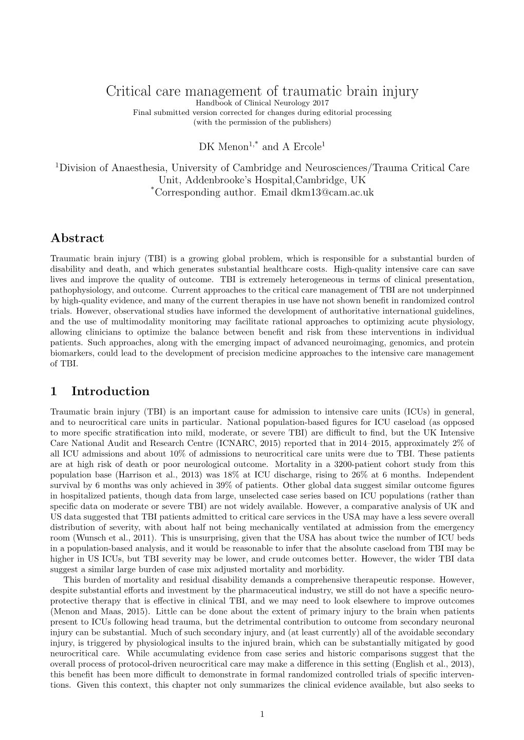 Critical Care Management of Traumatic Brain Injury