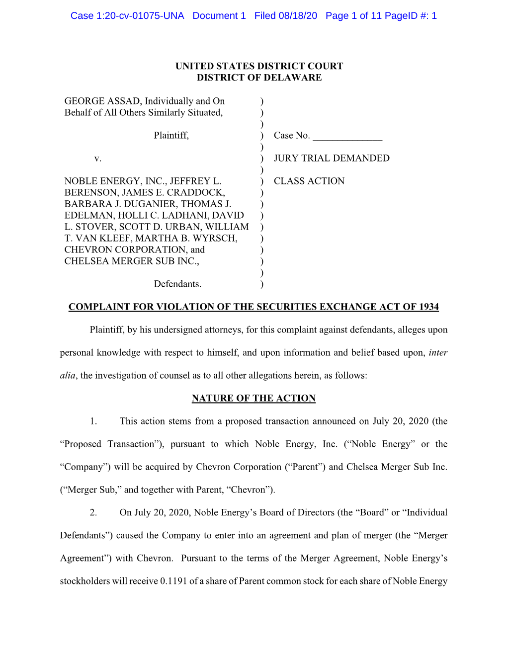 George Assad, Et Al. V. Noble Energy, Inc., Et Al. 20-CV-01075-Complaint